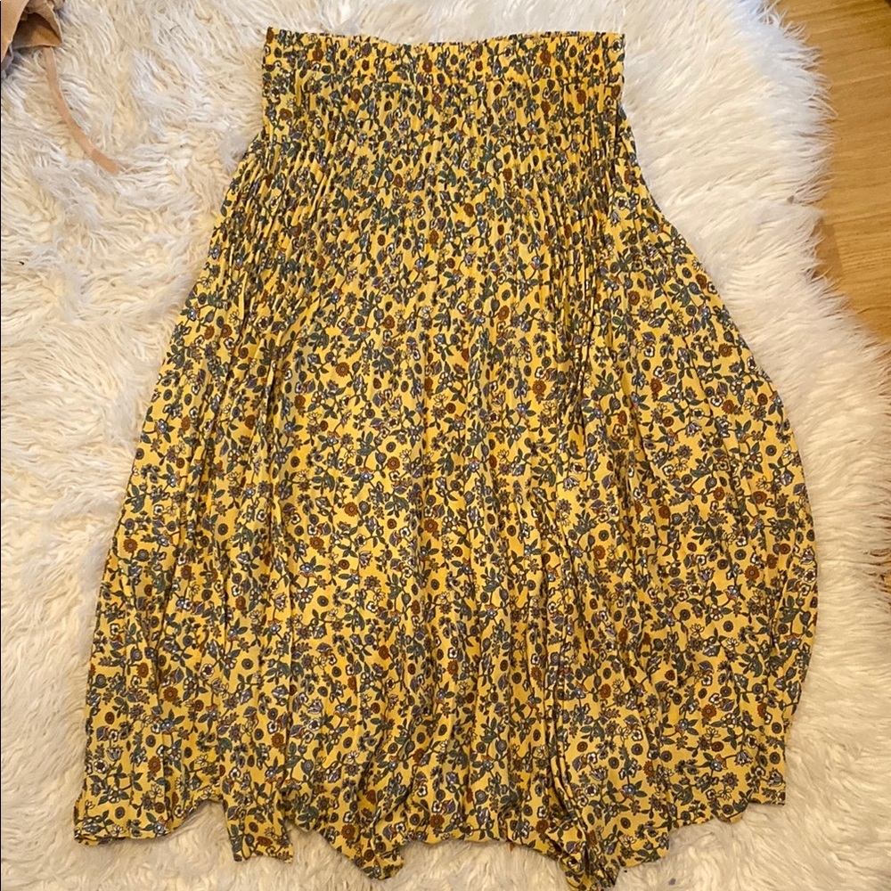 Pleated Midi Floral Yellow Skirt